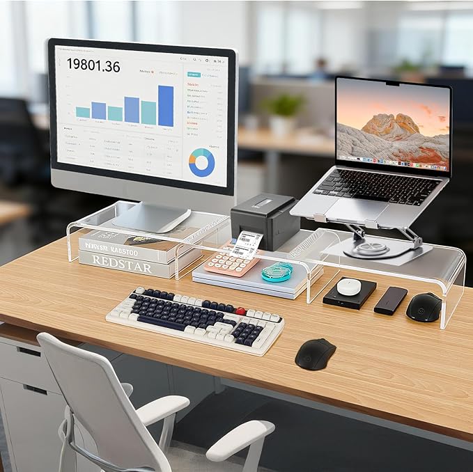 LEKETREE Acrylic Monitor Stand , Clear Monitor Stand for Desk, Computer Accessories for Home Office, Desk Organizer Shelf for Laptop, PC, Multi Media and more