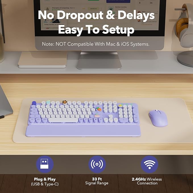 Wireless Keyboard and Mouse Combo, Cute Round Keycaps, Full-Size Retro Typewriter Keyboard with Detachable Wrist Rest, 2.4GHz Cordless Connection for Mac/Windows/PC/Laptop (Purple-Colorful)
