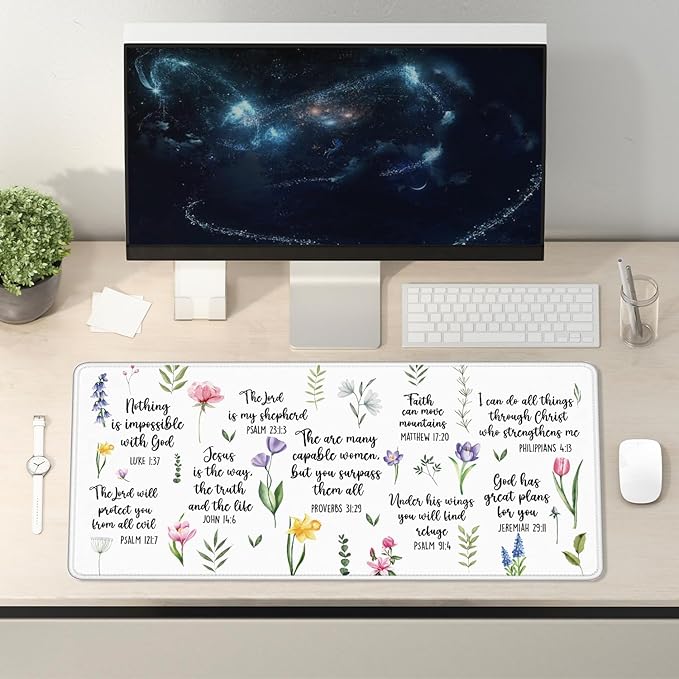 Christian Inspirational Floral Large Mouse Pad 31.5x15.7inch, Religious Bible Verse Large Extended Computer Desk Mat Mousepad for Keyboard and Mouse, Christian Desk Accessories