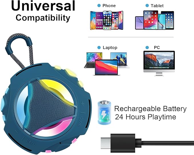Portable Bluetooth Speaker, IPX7 Waterproof Shower Speaker, Wireless Outdoor Speakers, Floating, Built-in Mic, 24H Playtime with LED Lights, Loud HD Sound, Powerful Bass, Gifts for Unisex - Blue