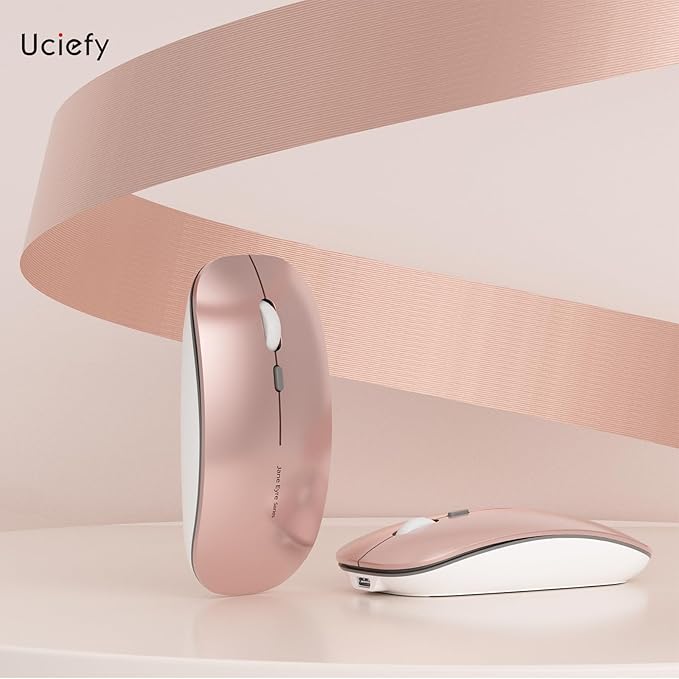 Uciefy Q5 Slim Rechargeable Wireless Mouse, 2.4G Portable Optical Silent Ultra Thin Wireless Computer Mouse with USB Receiver and Type C Adapter, Compatible with PC, Laptop, Desktop (Rose Gold)