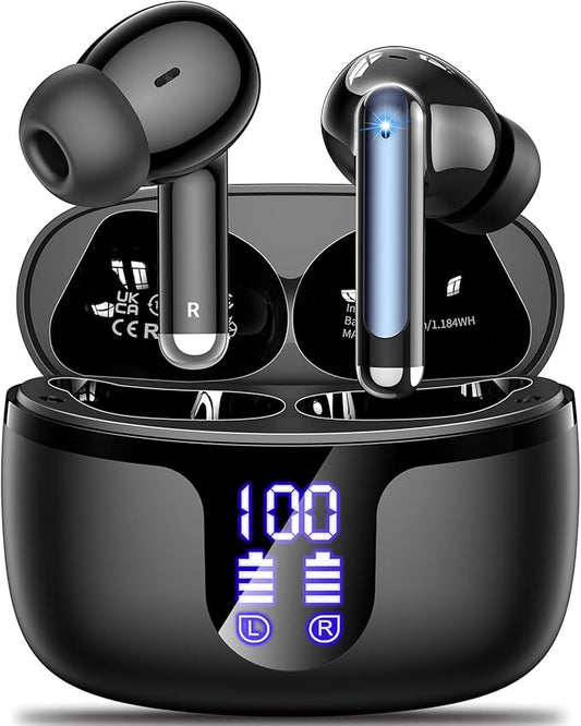Wireless Earbuds Bluetooth 5.4 Headphones HiFi Stereo 42H Playback in Ear with 4 ENC Noise Cancelling Mic, IPX7 waterproof and LED battery display screen for Running Fitness Office Ear Buds in Black