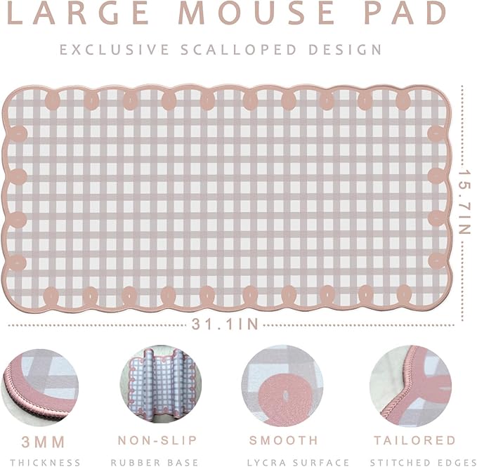 Cute Pink Scalloped Desk Mat Kawaii Pastel Retro Checkered Large Mouse Pad Boho Aesthetic Vintage Stitched Nonslip Pad Office Girl Women Desk Decor Computer Keyboard & Mouse 31 * 15.7in