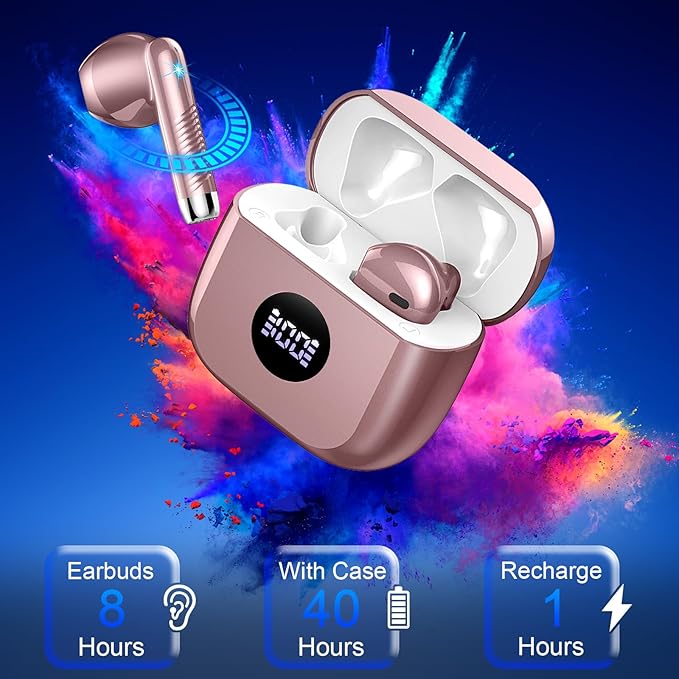 Wireless Earbuds, Bluetooth 5.4 Headphones HiFi Stereo, in Ear Earphones with ENC Noise Cancelling Mics, 40H Playback Ear Buds with Mini Case, IP7 Waterproof Headset with LED Display for Android iOS