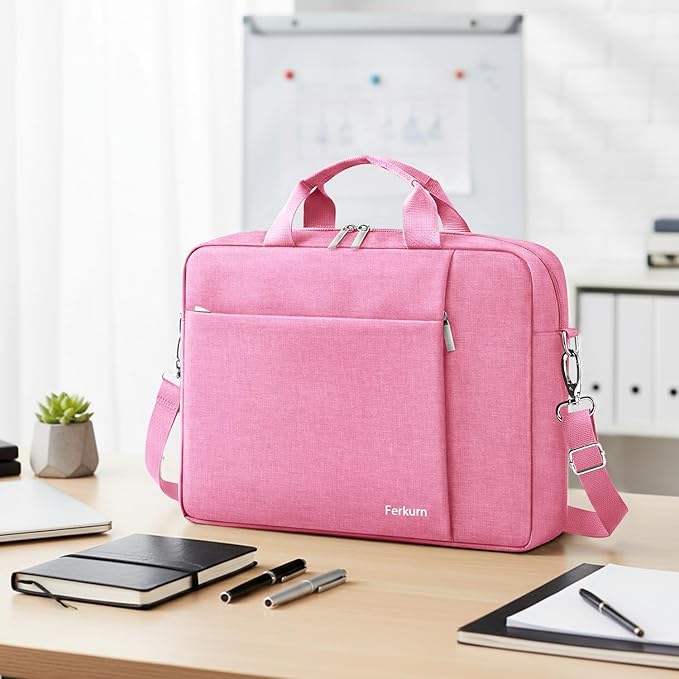 Ferkurn Laptop Bag Case for Women Men Computer Bag Compatible with HP Envy Pavilion Omen/LG Gram/MSI/Dell Inspiron XPS/Lenovo/Acer, Shoulder Strap Carrying Messenger Briefcase, Pink, 15.6 16 Inch