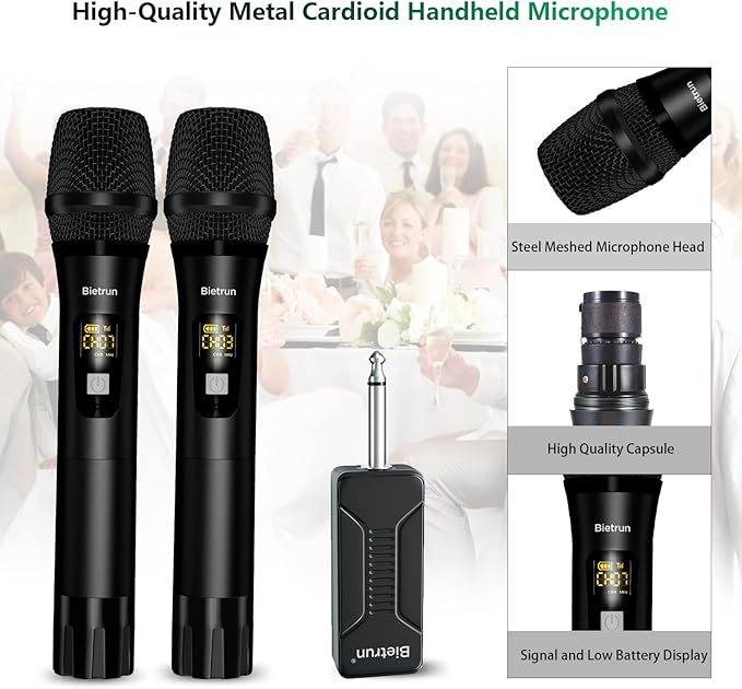 Wireless Microphone, Bietrun UHF Metal Dual Handheld Cordless Dynamic Mic System with Rechargeable Receiver, 1/4‘’Output, for Karaoke, Church, Speech, Wedding, Party Singing(160 ft Range)-Auto Connect