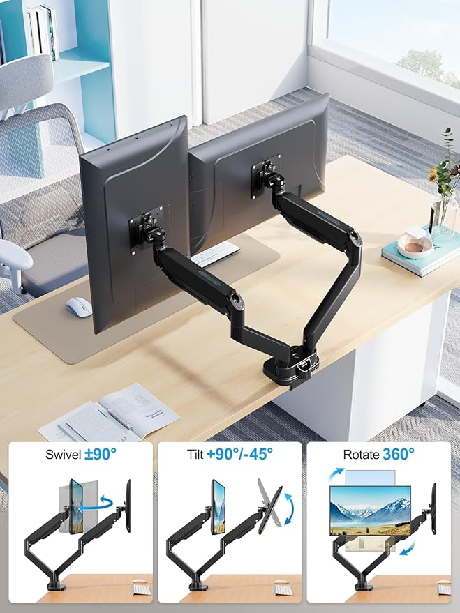 Dual Monitor Mount Fits Max 39" Computer Screen, Hold 4.4-33 lbs Each Ultrawide Desk Mount, Adjustable Gas Spring Double Monitor Arm, Monitor Stand for 2 Monitors with USB, VESA