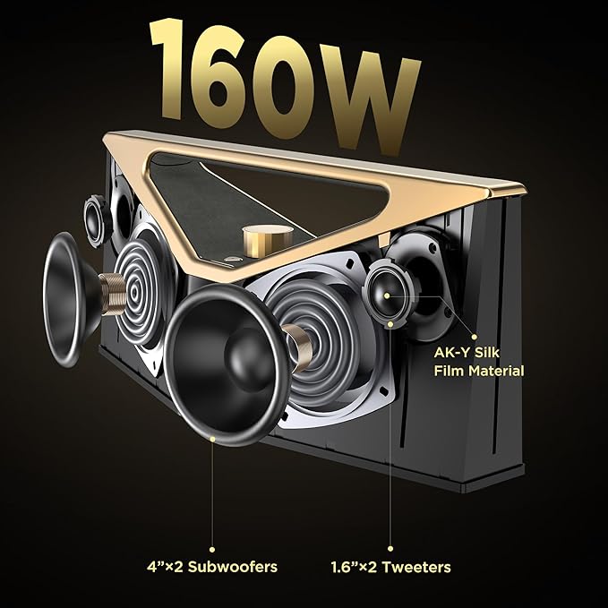 BUGANI Hi-Res Audio Bluetooth Speaker Loud 160W, Large Portable Bluetooth Speaker with Deep Bass Subwoofer, TWS Wireless Stereo, Waterproof Outdoor Party Speaker, 12H Playtime Golden
