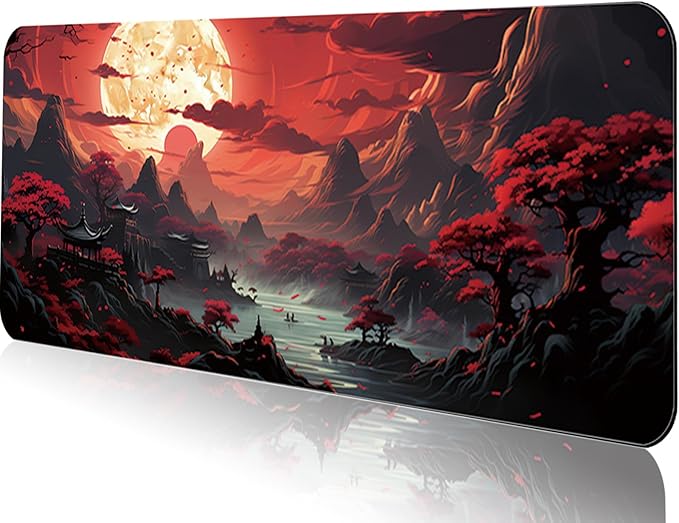 Gaming Mouse Pad 31.5x11.8 inch XL Large Extended Mouse Pad, Big Mousepad Desk Mat for Computer with Non-Slip Rubber Base and Stitched Edge-Red Moon