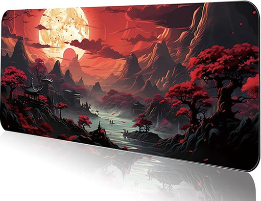 Gaming Mouse Pad 31.5x11.8 inch XL Large Extended Mouse Pad, Big Mousepad Desk Mat for Computer with Non-Slip Rubber Base and Stitched Edge-Red Moon