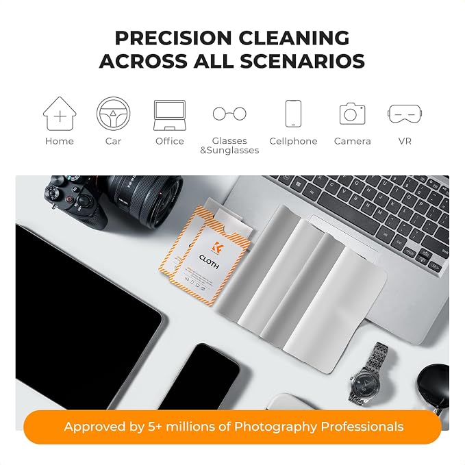 K&F CONCEPT 2 Pack Lens Cleaning Cloth | Microfiber Cleaning Cloth | Glasses Cleaning Cloths | Eyeglass Lens Cleaner | Eyeglasses, Camera Lens, VR/AR Headset, and Screen Cleaning | White & Grey - Image 4