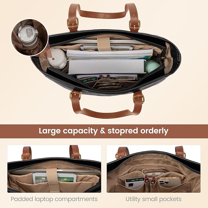 LOVEVOOK Laptop Tote Bag for Women,Vintage Leather Work Tote Bag for Women Computer Briefcase Bag,Waterproof Teacher Business