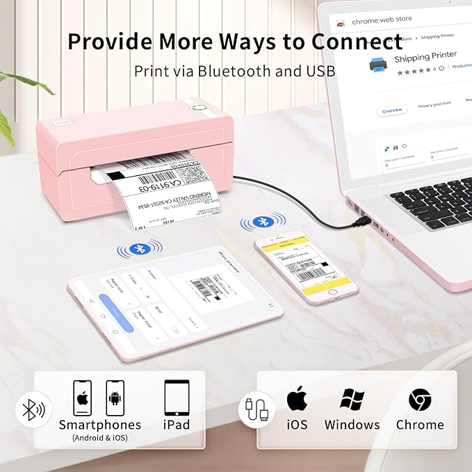 JADENS Bluetooth Thermal Shipping Label Printer – Wireless 4x6 Shipping Label Printer, Compatible with Android, iPhone, Windows & Mac, Widely Used for Ebay, Amazon, Shopify, Etsy, USPS(Pink)