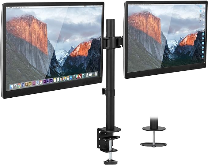 Mount-It! Dual Monitor Mount | Double Monitor Desk Stand | Two Heavy Duty Full Motion Adjustable Arms Fit 2 Computer Screens 17 19 20 21 22 24 27 Inch | VESA 75 100 | C-Clamp and Grommet Base