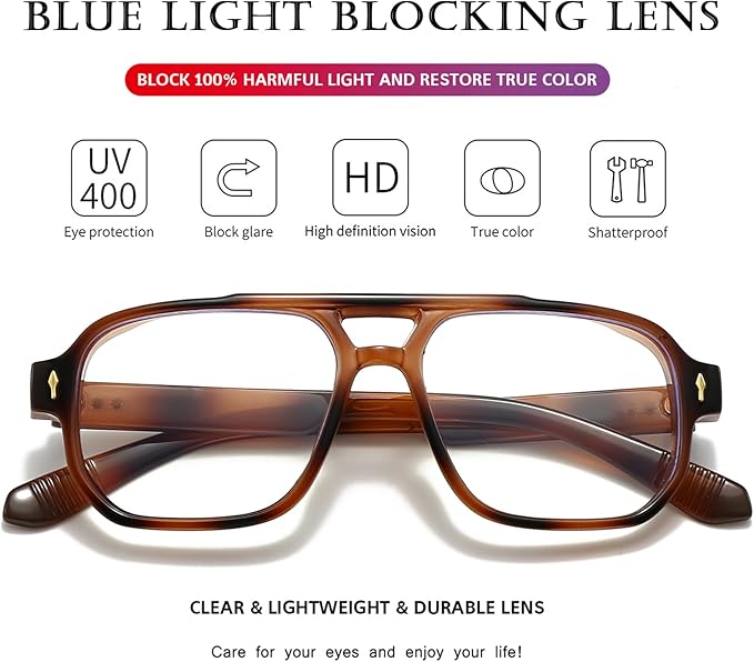 PORADAY Blue Light Blocking Glasses for Women Men 70s Retro Square Aviator Eyeglasses Rectangle Computer Eyewear