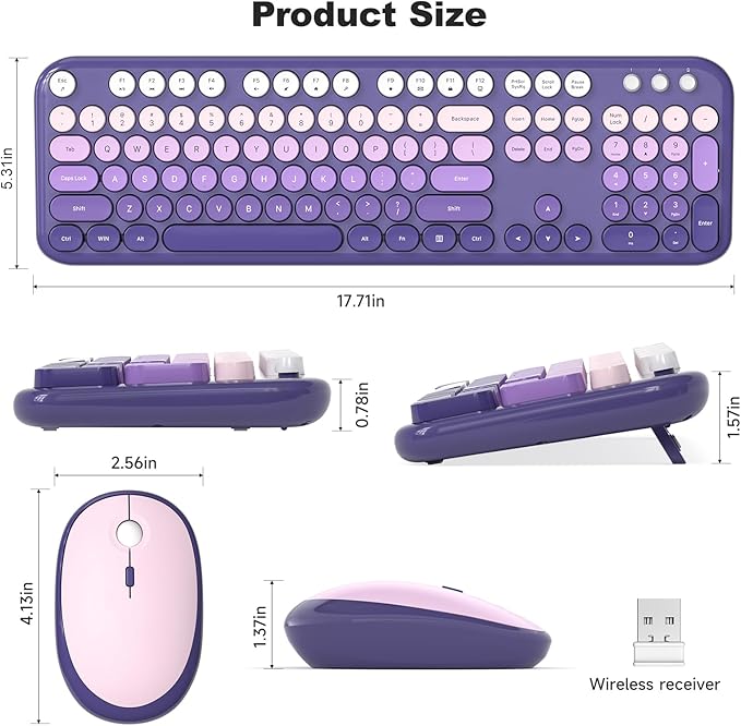 Wireless Keyboard and Mouse, 2.4G USB Retro Full Size Typewriter Keyboard and Cute Mouse Combo for Windows 7/8/10, Laptop, Desktop, PC, Computer (Purple)