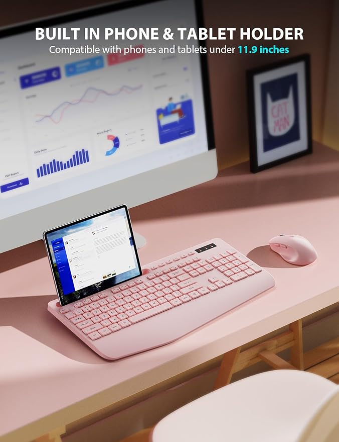 Wireless Keyboard and Mouse Combo - Full-Sized Ergonomic Keyboard with Wrist Rest, Phone Holder, Sleep Mode, Silent 2.4GHz Cordless Keyboard Mouse Combo for Computer, PC, Laptop, Mac, Windows -Trueque