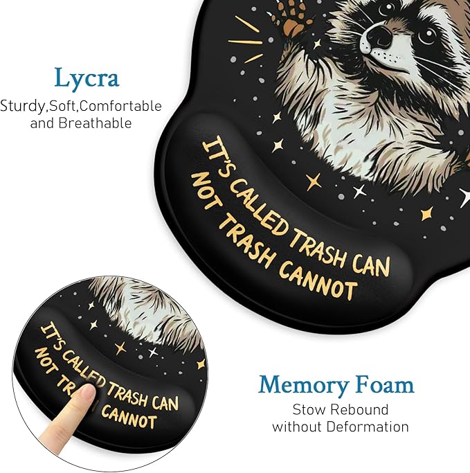 Mouse Pad with Wrist Rest, Funny Trash Raccoon Ergonomic Mousepad Wrist Support for Desk, Cute Animial Gaming Mousepads for Wireless Mouse Computer Work Home Desk Accessories Office Supplies Black