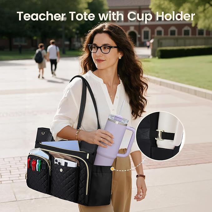 LOVEVOOK Tote Bag, Work Bags for Women with Large Cup Holder, Large Capacity Teacher Tote with Multi Pockets, Water Resistant Nurse Diaper Tote with Padded Laptop Compartment, 15.6 Inch Black