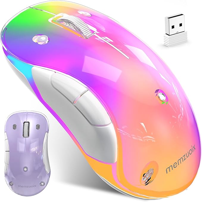 memzuoix 2.4G LED Wireless Mouse, Rechargeable Ergonomic Mouse with Detachable Cover, 1400 DPI Portable Optical Computer Mouse with USB Receiver for Laptop, PC, Desktop and MacBook, 5 Buttons-Purple