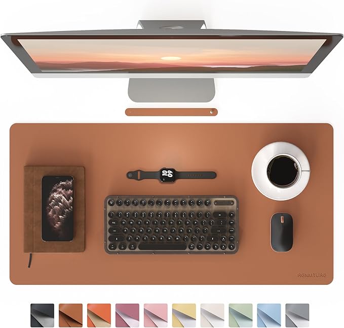 RENMTURE PU Mouse Pad, Faux Leather Large Desk Pad, Home Work Office Accessories, Non-Slip Desk Mat, Waterproof Gaming Pad Desk Blotter (32"x16", Brown)