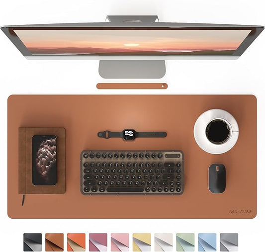 RENMTURE PU Mouse Pad, Faux Leather Large Desk Pad, Home Work Office Accessories, Non-Slip Desk Mat, Waterproof Gaming Pad Desk Blotter (32"x16", Brown)