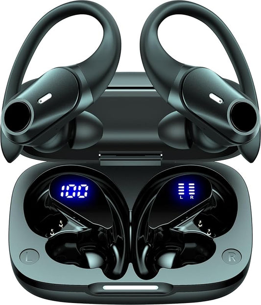 Active Noise Cancelling Earbuds Wireless Bluetooth Headphones 80H Playtime LED Power Display Charging Case Over Ear Hooks Ear Buds with Hi-Res Sound & Clear Calls for Sports Running Gym Workout Black