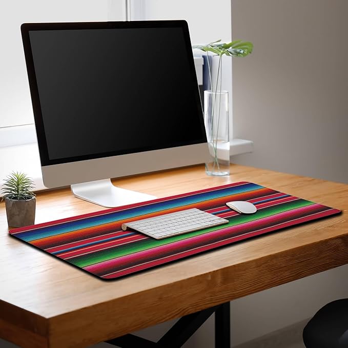 Desktop Mat Colorful, Desk Mouse Pad Gaming Desk Mats, Office Items Non-Slip Rubber Base Waterproof with Stitched Edges, 35.4 X 15.7 inch for Work/Game/Office/Home Mexican Stripes Style