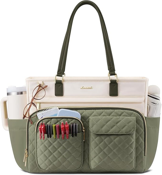 LOVEVOOK Tote Bag with Large Cup Holder, Work Tote Bags for Women, Large Capacity Teacher Tote with Multi Pockets, Nurse Diaper Bag with Padded Laptop Compartment, 17.3 Inch Light Green Beige