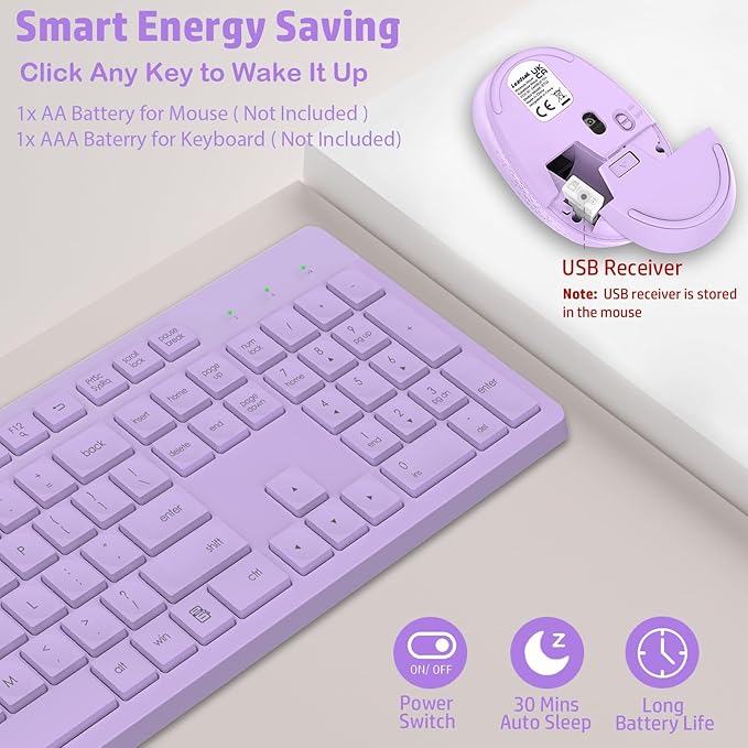 LeadsaiL Purple Wireless Keyboard and Mouse Combo, Full-Sized Ergonomic Computer Keyboard, 2.4GHz USB Cordless Keyboard Silent Mouse Set, 12 FN Shortcuts for Windows MacOS Laptop Computer