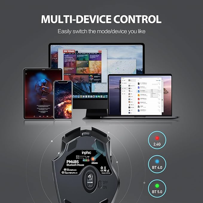 INPHIC Bluetooth Mouse for Laptop, Upgraded Visible Battery, 2400 DPI, Silent Ergonomic Computer Mouse Wireless, Mac, PC etc.