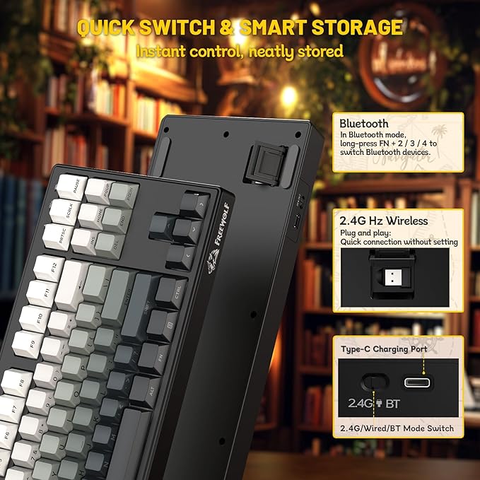 M87V2 Wireless Keyboard,Low Profile Quiet Typing Membrane Gaming Keyboard with 80% TKL Layout Side Printed Keys,RGB Backlit,USB C Rechargeable,87 Keys PBT Keycap for Windows PC,Mac,Linux-Moonlit Night