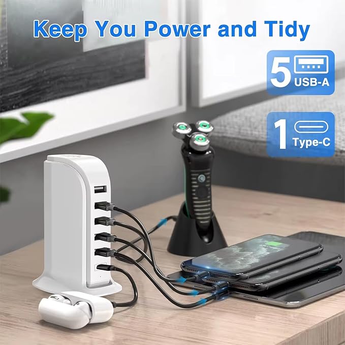 USB Charging Station for Multiple Devices, 5 USB Ports + 1 Type C Multiport Charger Tower, Compatible with Smartphones, Tablets and Other Devices