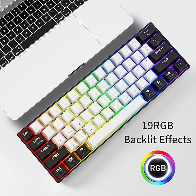 Newmen GM610 60% Wireless Mechanical Gaming Keyboard,Wired/Bluetooth/2.4G Keyboard,RGB Backlit,61 Anti-Ghosting Keys,Programmable,Hot-Swappable,for Windows Mac Android (Black-White/Red Switch)