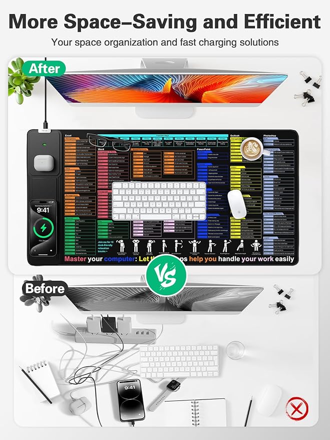 Mouse Pad with Foldable Phone Holder, Wireless Charging Desk Mat with Excel Shortcut Keys, 31.5"x15.8" Large Mousepad with Superior Micro-Weave Cloth, XXL Desk Pad Non-Slip, Waterproof