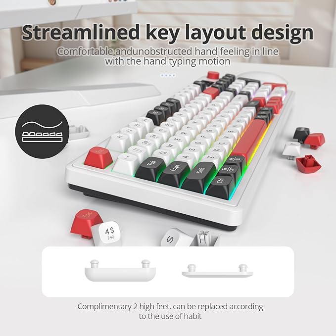 96% Wireless Keyboard with Number Pad and Knob,3-Modes Wired/Bluetooth 5.0/2.4G 98 Keys ABS Ball Caps RGB Quiet Mechanical Feel Membrane Gaming Keyboard for Win/Mac（White）