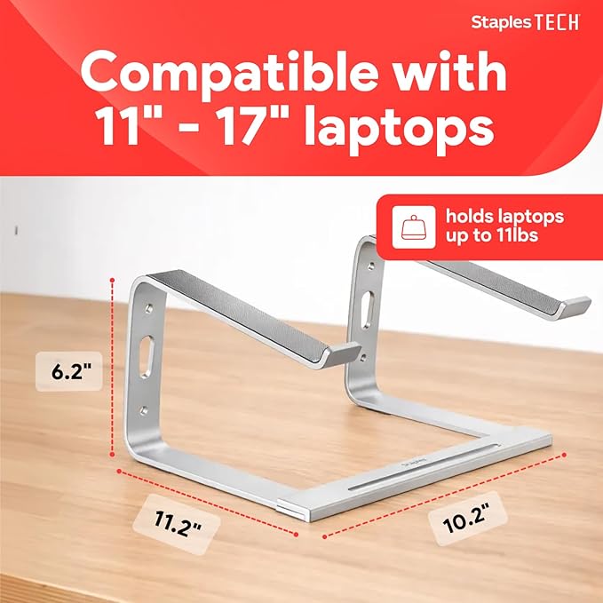 Staples TECH Adjustable Aluminum Laptop Stand – Fits 11"–17" Laptops, Ergonomic Eye‑Level Riser with Ventilated Cooling & Anti‑Slip Base, Silver