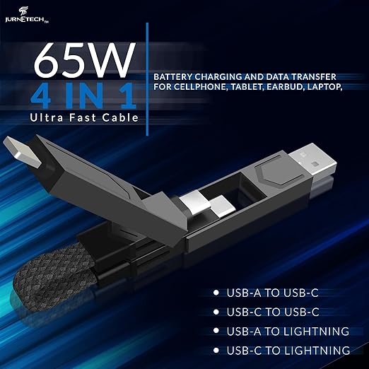 Magnetic 4 in 1 Multi Charging Cable with LED Display, Portable Keychain Charger, Lightning/Type C/USB A/USB C Ports for iPhone iPad Mac AirPods Samsung Google, (65W) Black MFI Certified