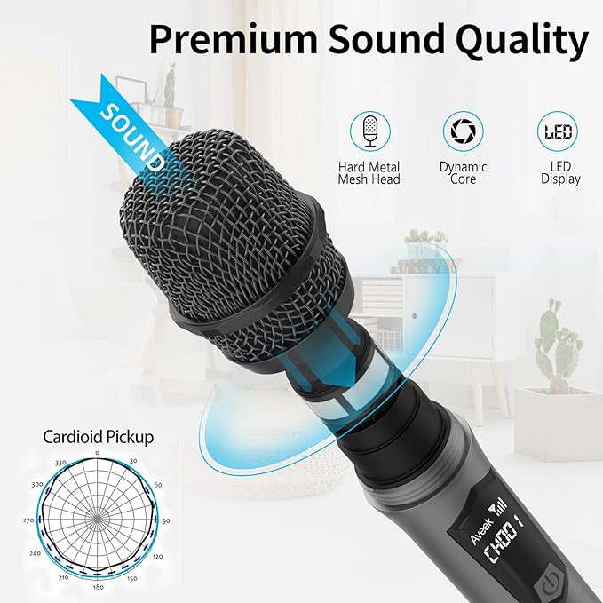 Aveek Wireless Karaoke Microphone, Rechargeable Handheld Mic with Receiver for Powered Speakers and Amplifiers, Karaoke Microphone Set for Singing, Weddings, DJ, Parties (2 Pack)