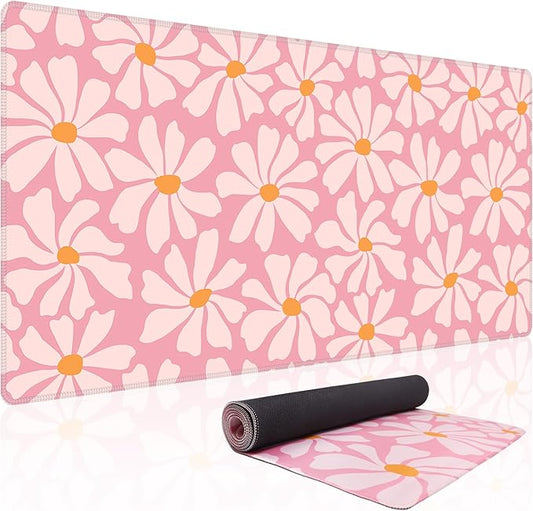 Baziabbo Pink Desk Mat,XXL Extended Large Mouse Pad,Gaming Mousepad with Stitched Edge,Non-Slip Rubber Base Keyboard Desk Pad for Home Office Study Game (Pink Flowers)