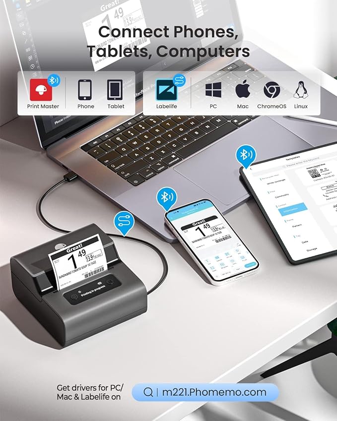 Phomemo M221 Label Maker Machine with 3 Tapes, 3 Inch Bluetooth Thermal No Ink Label Maker for Address, Barcode, Small Business, Home for Phone/PC, Space Gray, with 430 Pieces Labels