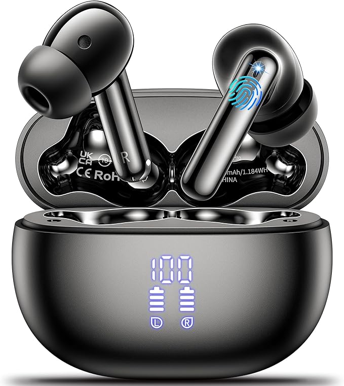 Wireless Earbuds,2025 Bluetooth 5.3 Bass Stereo Headphones with 4 ENC Mic,42H Playtime Ear Buds with Charging Case LED Display,Sport Earphones IPX7 Waterproof for iPhone, Android, Pad, Sports and Work