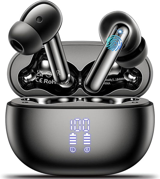 Wireless Earbuds,2025 Bluetooth 5.3 Bass Stereo Headphones with 4 ENC Mic,42H Playtime Ear Buds with Charging Case LED Display,Sport Earphones IPX7 Waterproof for iPhone, Android, Pad, Sports and Work