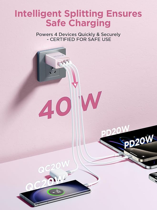 [2-Pack] USB C Charger Block, 4 in 1 USB C Wall Charger PD 3.0 40W Charging Blocks, QC 2A USB Wall Charger for iPhone 17 16 15 14 13 12 Pro Max, iPad, iPod