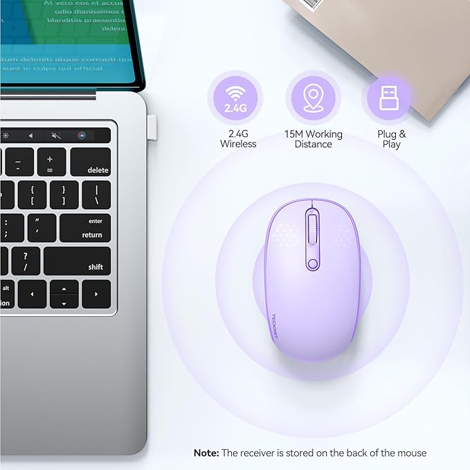TECKNET Wireless Mouse, 2.4G Quiet Computer Mouse with USB Receiver, 4 Buttons Portable Cordless Mice for Chromebook, Laptop, PC, Mac, 800/1200/1600 DPI - Purple