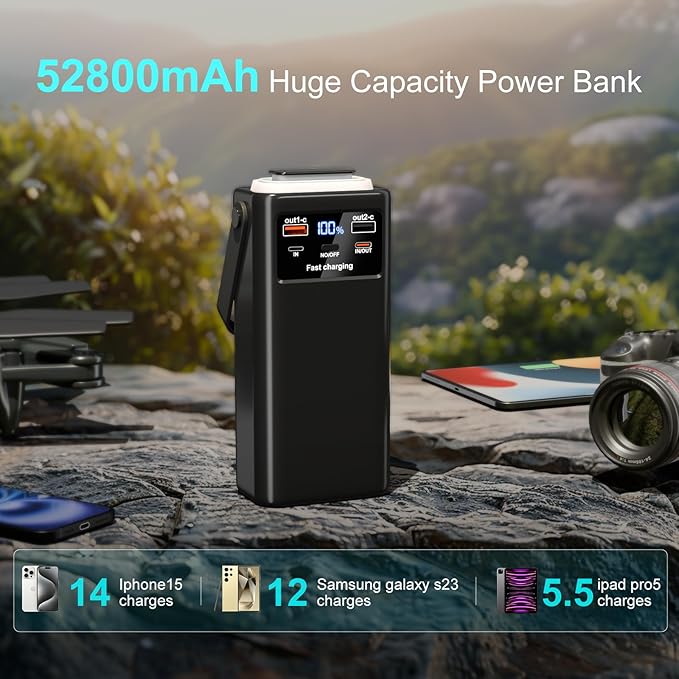 Power Bank 52800mAh PD 35W High Capacity Battery Pack with Built-in 4 Cables & LED Flashlight - 8 Port Portable Charger for Travel, Outdoor, and Multiple Device Charging