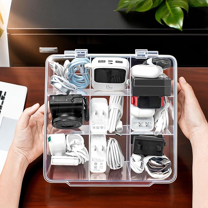 Charger and Cable Organizer Box with 10 Wire Ties, Adapter Storage Box, Plastic Charger Cable Cord Storage Organizer