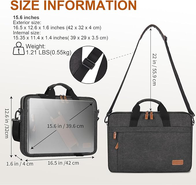 ESTARER Laptop Bag 15.6 Inch, Laptop Case for Men Water-resistant Canvas Computer Bag Fits Hp/Lenovo/Acer/Dell/Asus/MacBook, Dark Grey