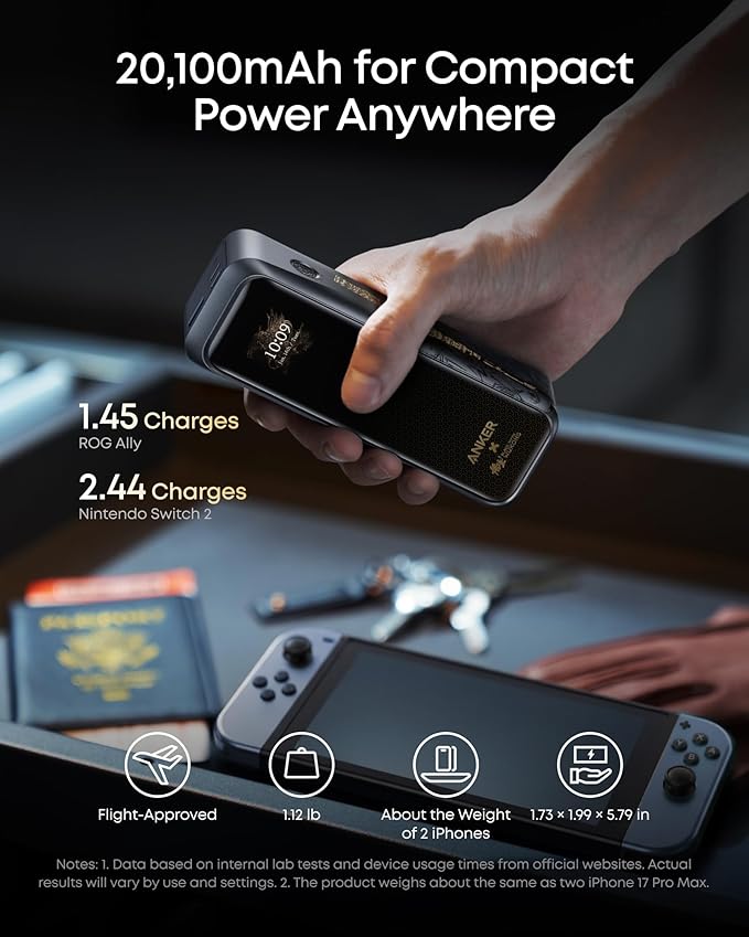 Anker Prime Power Bank Black Myth: Wukong Edition, 20,100mAh 3-Port Portable Charger with 220W, Two-Way Power, TSA-Approved, App Control, for MacBook, iPhone 17/16 Series, and More (Base Not Included)