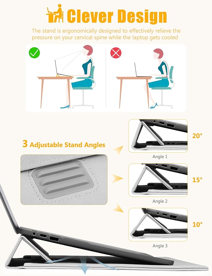 HYZUO 15 Inch Laptop Sleeve Case Bag with Adjustable Stand Feature for MacBook Air 15 M5 A3448 M4 A3241 M3 A3114 M2 A2941 2026-2023, MacBook Pro 15, 15" Surface Laptop 7/6/5/4, Light Gray